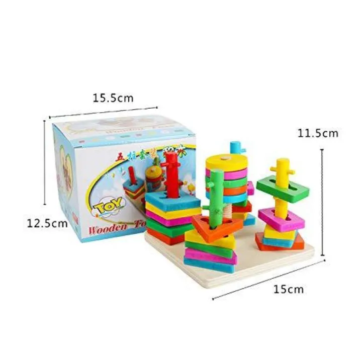 Wooden Five Column Set Blocks Geometry Puzzles Educational Toys for Kids - Multicolor